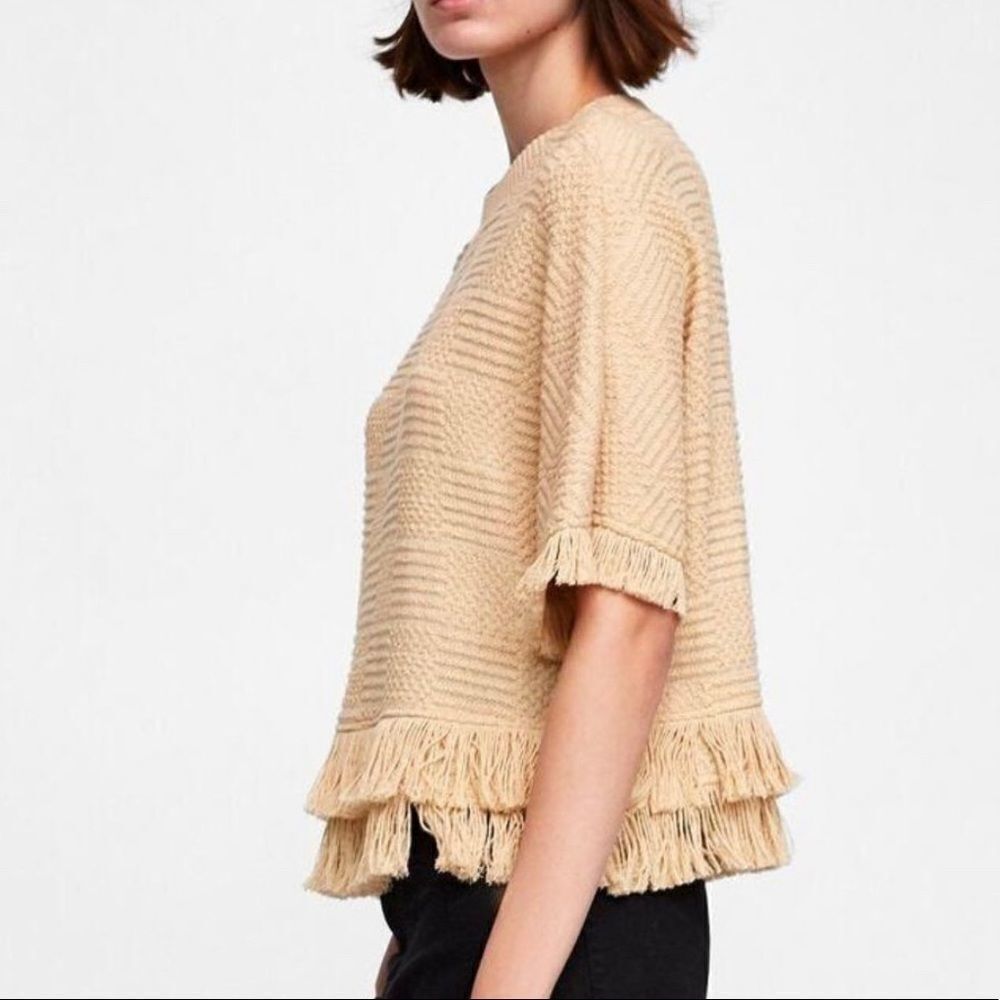 Zara Tweed Layered‎ Fringe Trim Sweater Top Sand